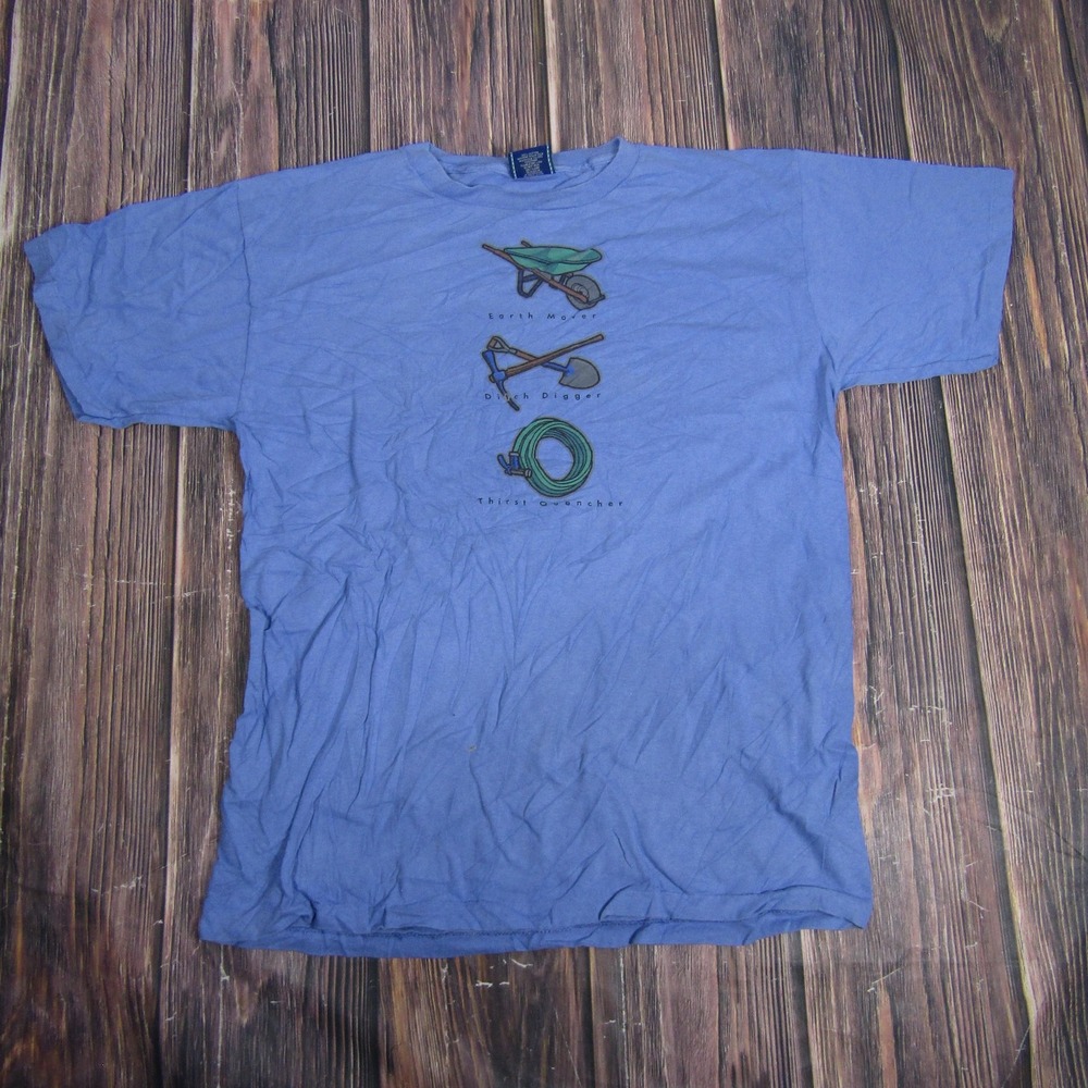 Vintage Gardening Graphic Shirt Mens Large Blue Earth Mover Ditch Digger 90s